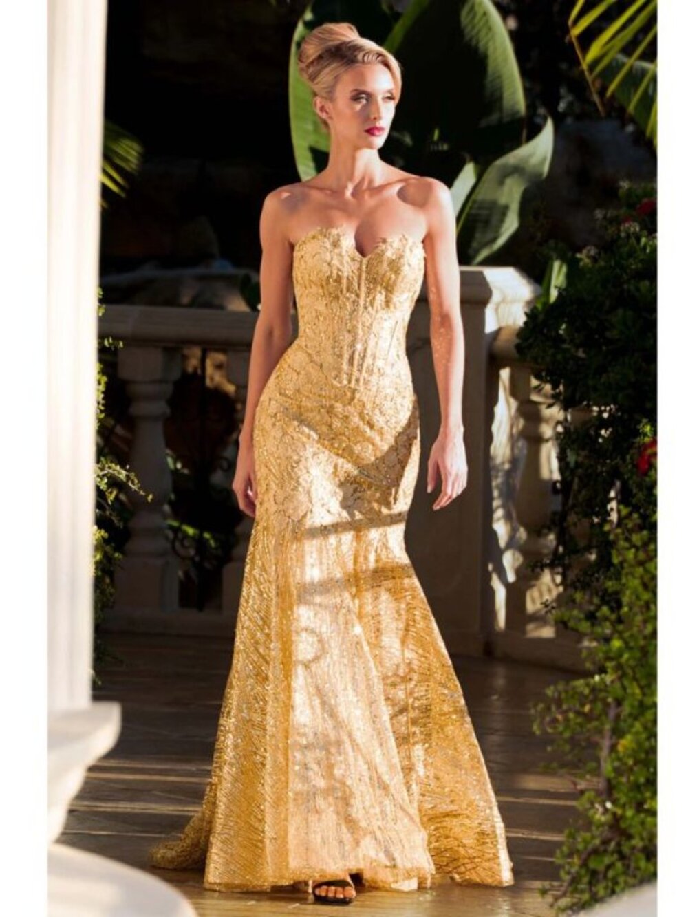 Clearance 8424 Gold Size L Strapless Sequin Trumpet Prom Gown by Lenovia 8424